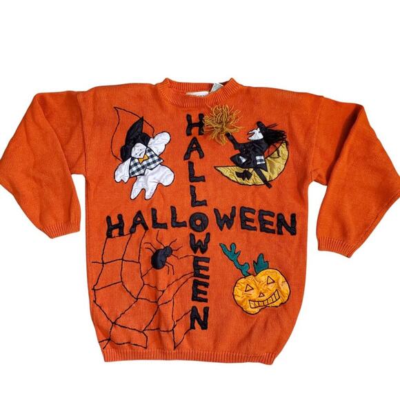 Vintage 80s Orange Halloween Maximalist Beaded Embroidered Sweater Ghost Witch - Picture 4 of 16